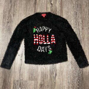 Holiday Sweater Happy Holla Days Black Ugly Christmas Fuzzy Sweater Size Medium